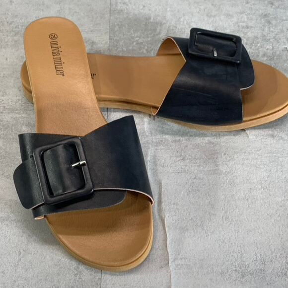 OLIVIA MILLER Women's Black Mia Buckle Round-Toe Slide Sandals SZ 10 - Picture 4 of 6